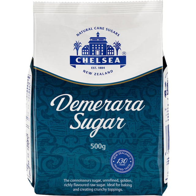 Close-up of Chelsea Demerara Sugar’s large amber crystals, ideal for coffee, desserts, and enhancing baked goods.