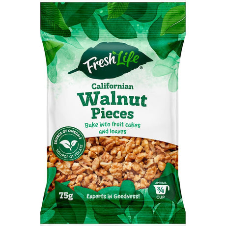 Freshlife Californian Walnut Pieces in resealable packaging, showcasing rich texture for healthy snacking and cooking.