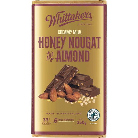 Rich milk chocolate with honey nougat and roasted almonds, offering a delightful and indulgent snacking experience.