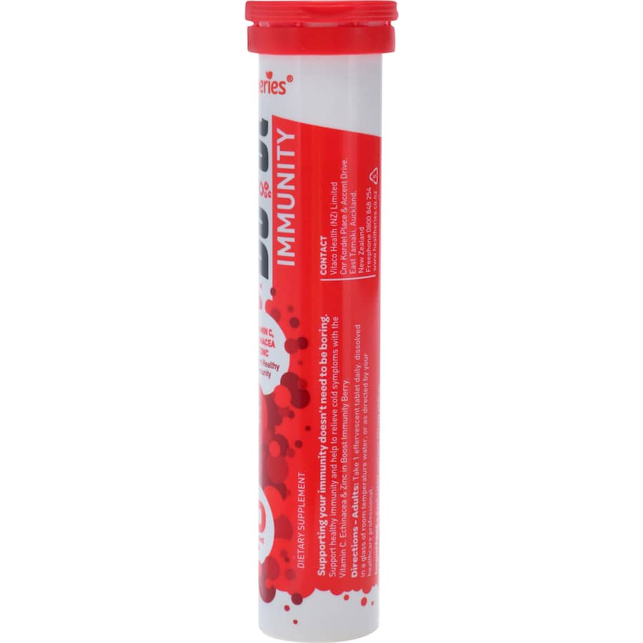 Effervescent vitamin drink featuring Echinacea and zinc for immune support in a tasty berry flavor.