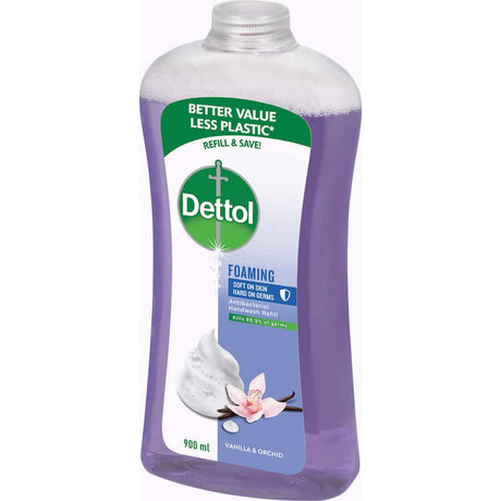 Dettol Antibacterial Foaming Hand Wash refill in Vanilla & Orchid, kills 99.9% of germs while being gentle on skin.