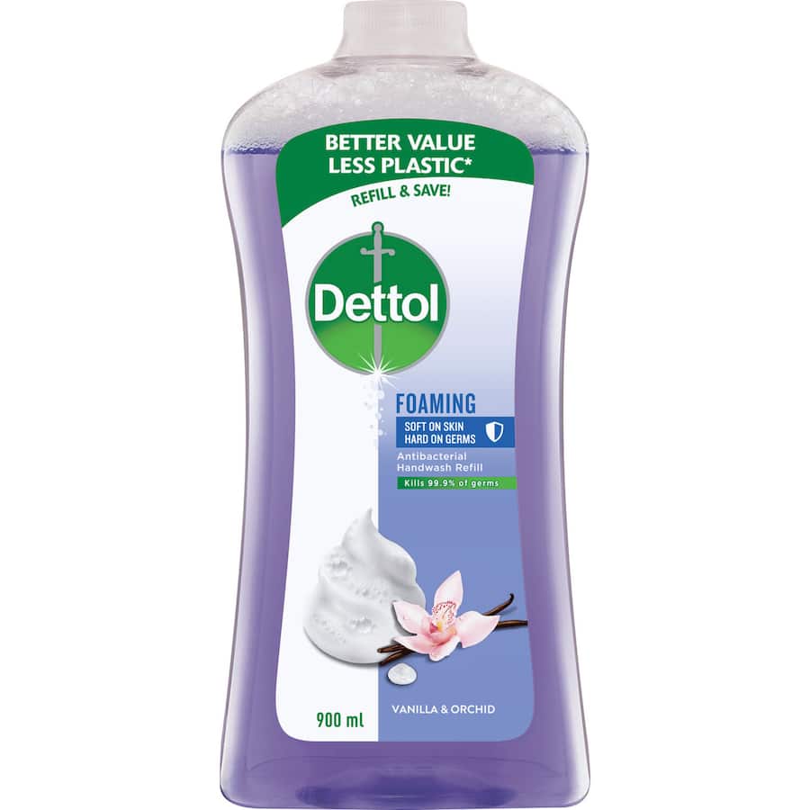Dettol Antibacterial Foaming Hand Wash refill in Vanilla & Orchid, soft on skin, kills 99.9% of germs, for healthy hand hygiene.