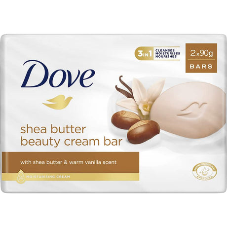 Dove Soap Bar Shea Butter features moisturizing shea butter and vanilla scent for silky-smooth, hydrated skin.