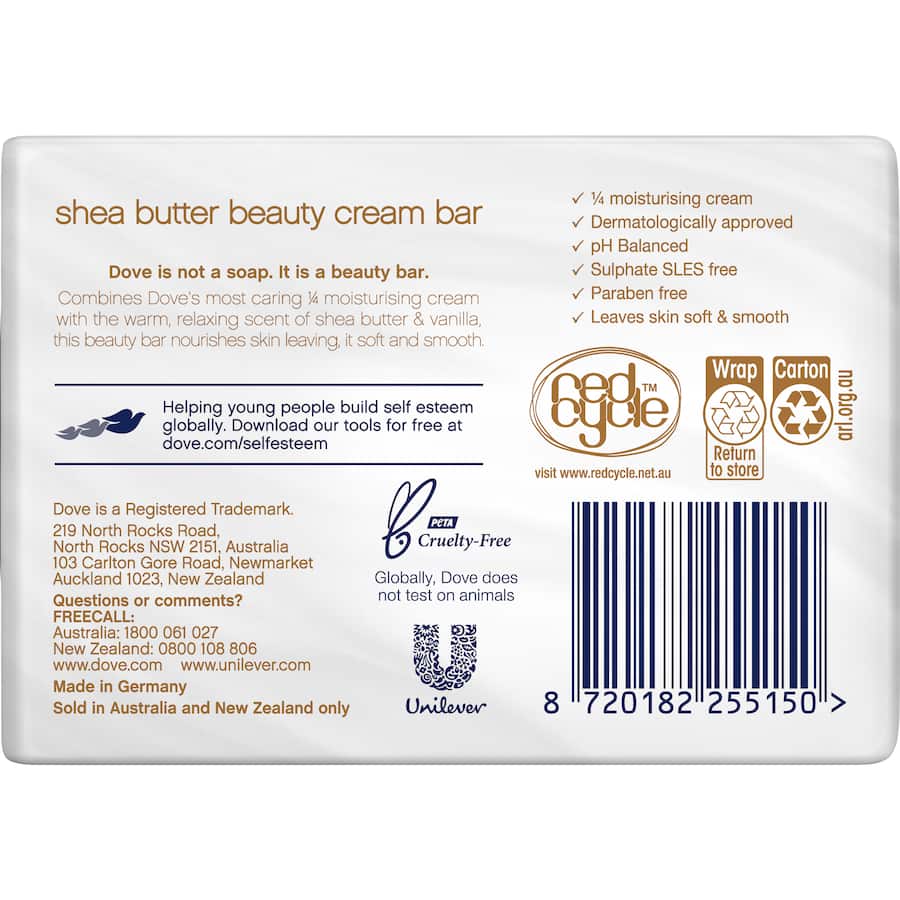 Dove Soap Bar Shea Butter: creamy bar with shea butter and vanilla scent, deeply hydrates and nourishes skin while cleansing.