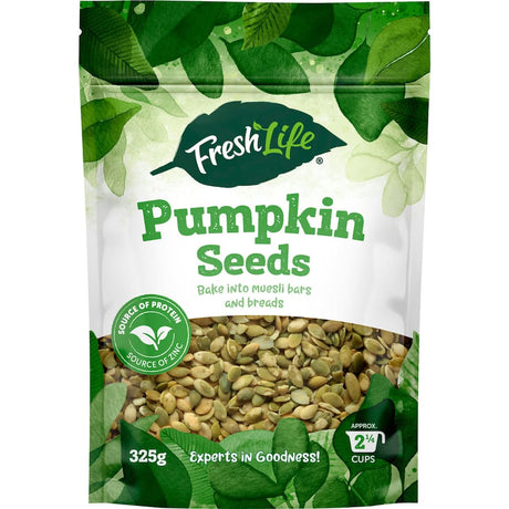 Organic Freshlife Pumpkin Seeds, rich in nutrients, perfect for snacking or enhancing dishes with flavor and health benefits.