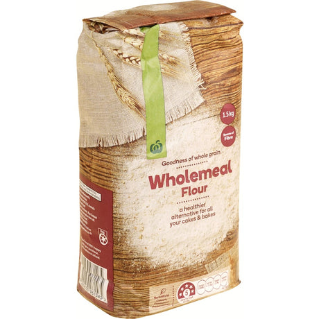 Woolworths Wholemeal Flour bag showcasing 100% whole grains for healthier baking, free from artificial additives.