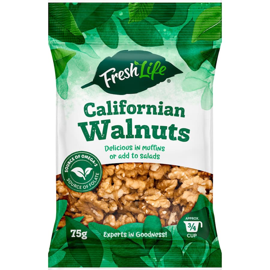 Fresh Life Californian Walnuts: crunchy, nutritious nuts rich in omega-3s, perfect for snacking and enhancing recipes.