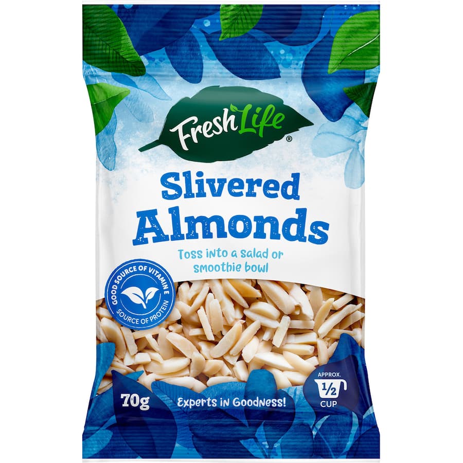 Freshlife Silvered Almonds in a resealable bag, showcasing their sliced texture, perfect for snacking and healthy recipes.