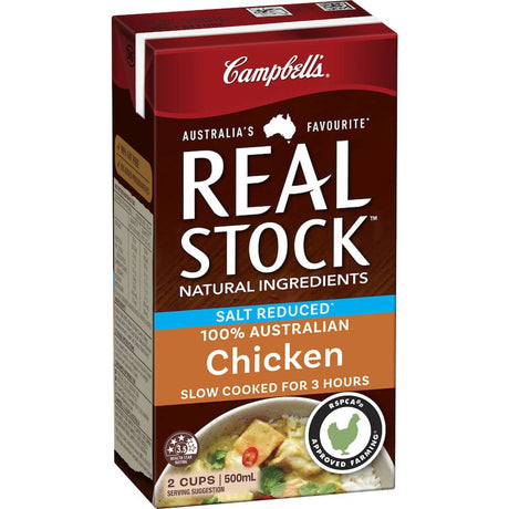 Campbell's reduced-salt chicken stock liquid, enhancing dishes with rich flavor and 99% fat-free, MSG-free ingredients.