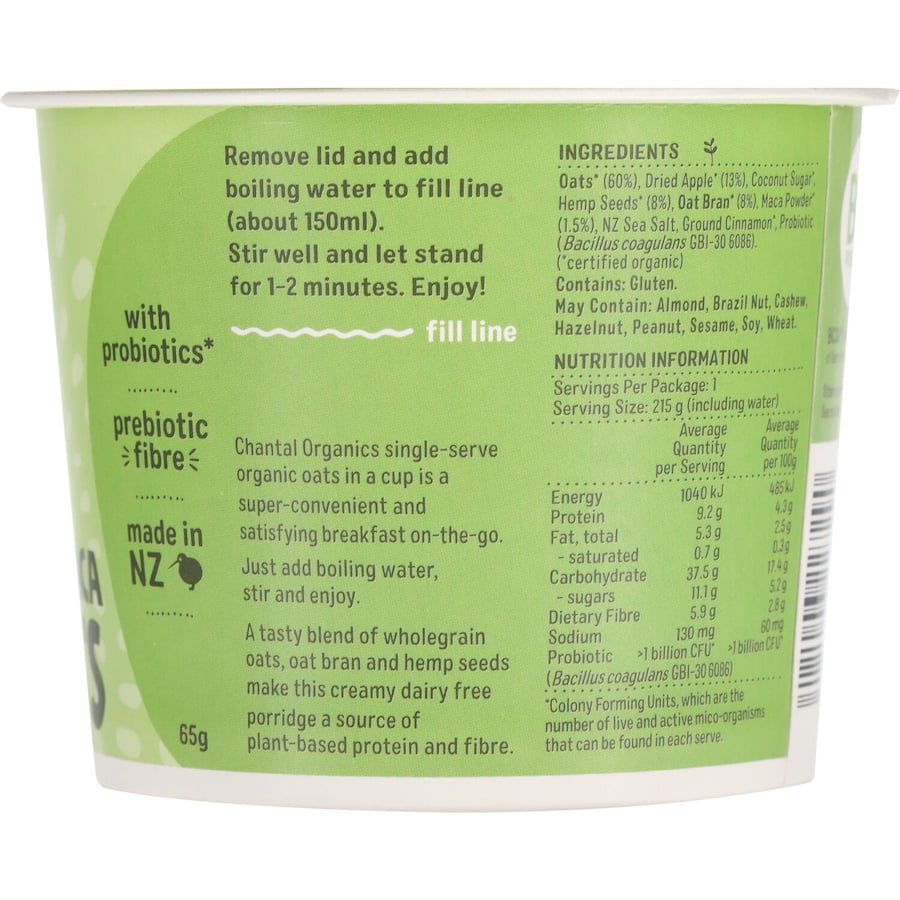 Chantal Organics Oats Probiotic Apple & Maca, a gluten-free oatmeal blend with probiotics for gut health and delicious taste.