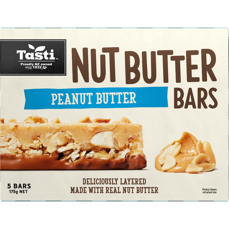 Tasti Nut Bars Peanut Butter featuring a crispy base, creamy peanut butter layer, and milk chocolate coating with roasted nuts.