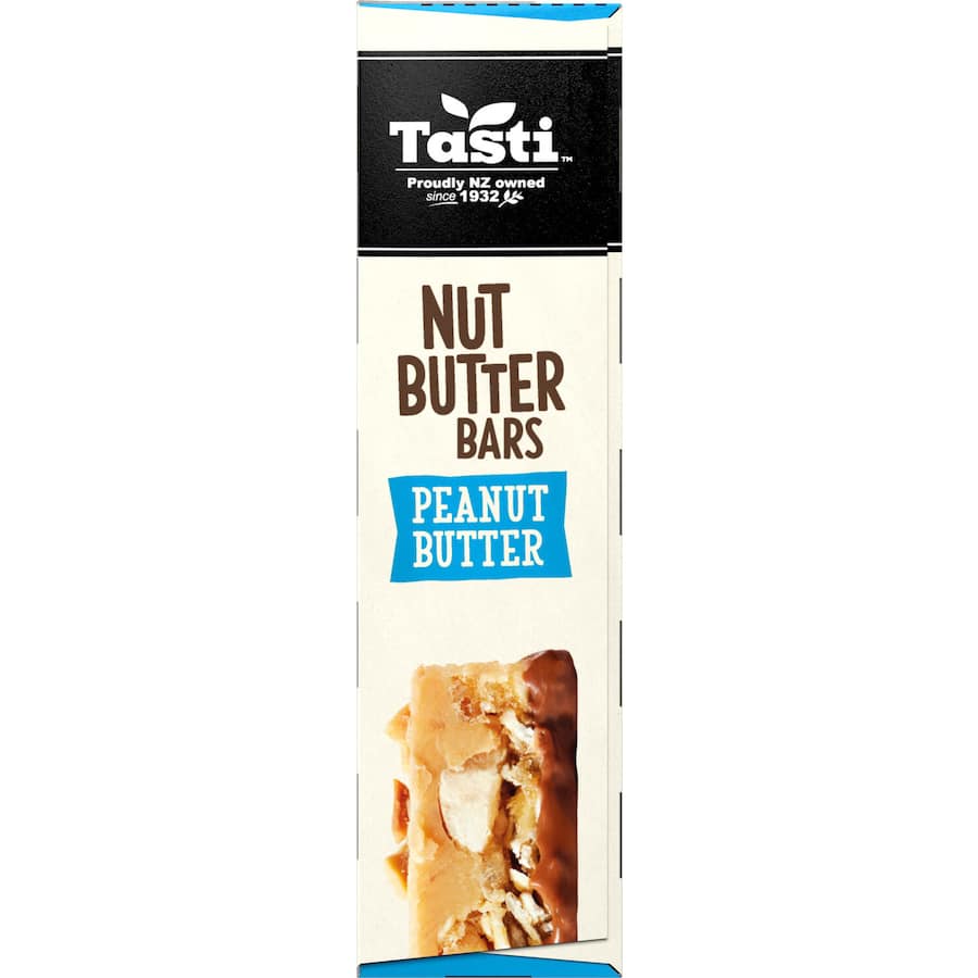 Delicious Tasti Nut Bars with crispy base, peanut butter layer, and milk chocolate coating, topped with roasted nuts.