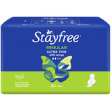 Stayfree Ultra Thin Pads with wings offer absorbent, comfortable protection featuring fast lock pockets and a soft quilted cover.