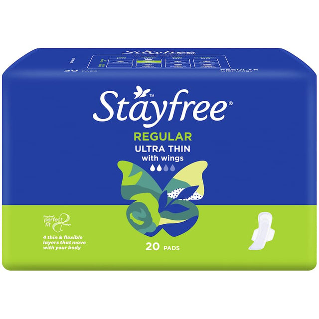 Stayfree Ultra Thin Pads with wings offer absorbent, comfortable protection featuring fast lock pockets and a soft quilted cover.