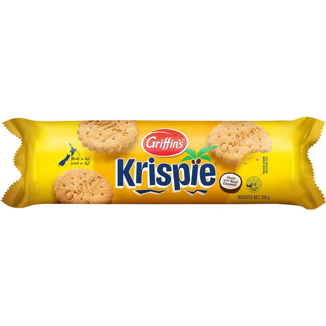 Crunchy Griffins Coconut Biscuits Krispies made with real toasted coconut, perfect for tea time or on-the-go snacking.