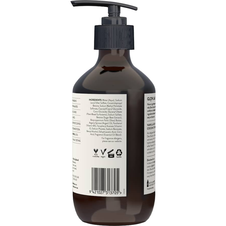 Luxurious body wash infused with vanilla and coconut, enriched with Shea Butter and Vitamin E for hydration and skin nourishment.