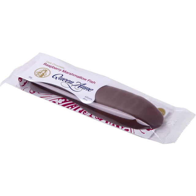 Queen Anne Chocolate Bar featuring dark chocolate and raspberry marshmallow, shaped like a fish, ideal for sweet cravings.