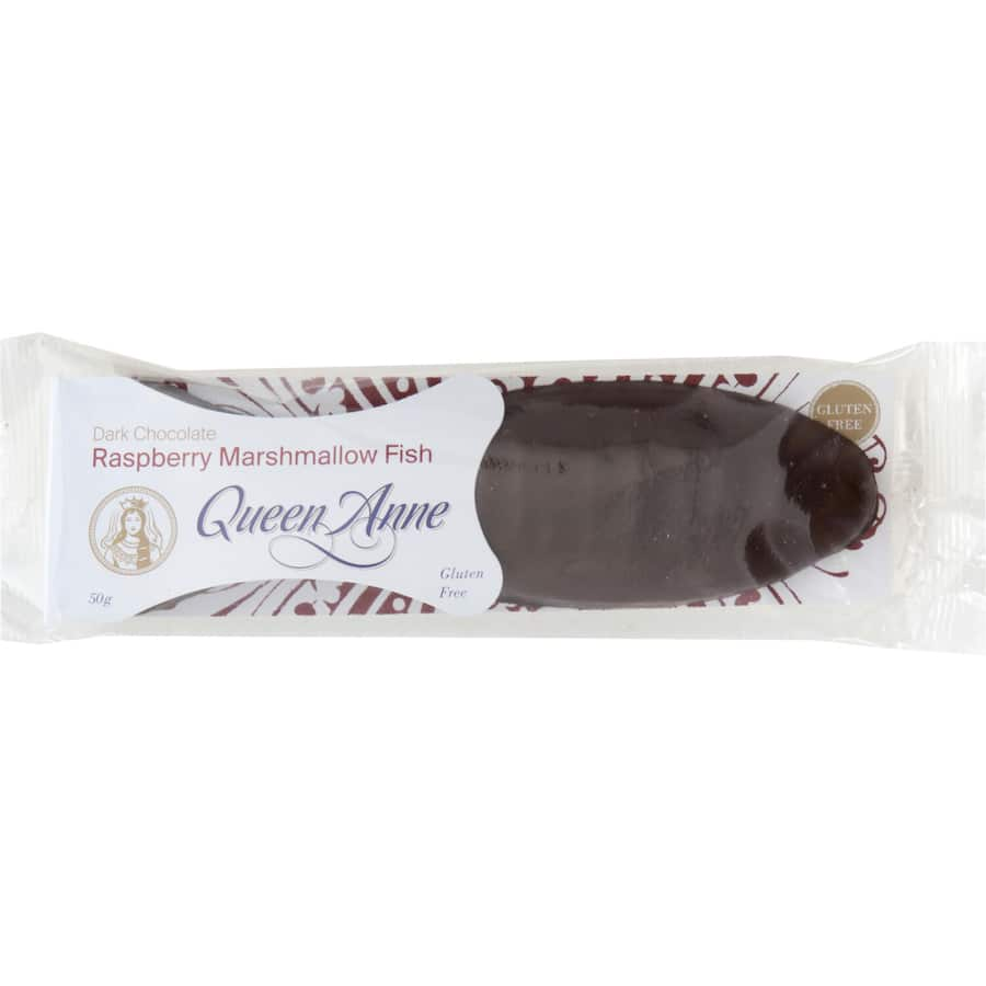 Queen Anne Chocolate Bar featuring dark chocolate and raspberry marshmallow, beautifully designed as a fish-shaped treat.