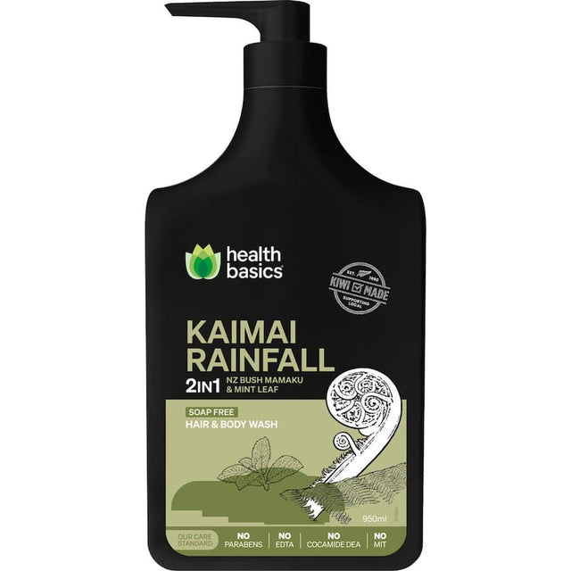 Health Basics Body Wash Kaimai Rainfall features a soothing rainfall scent, cleansing and hydrating skin with natural ingredients.