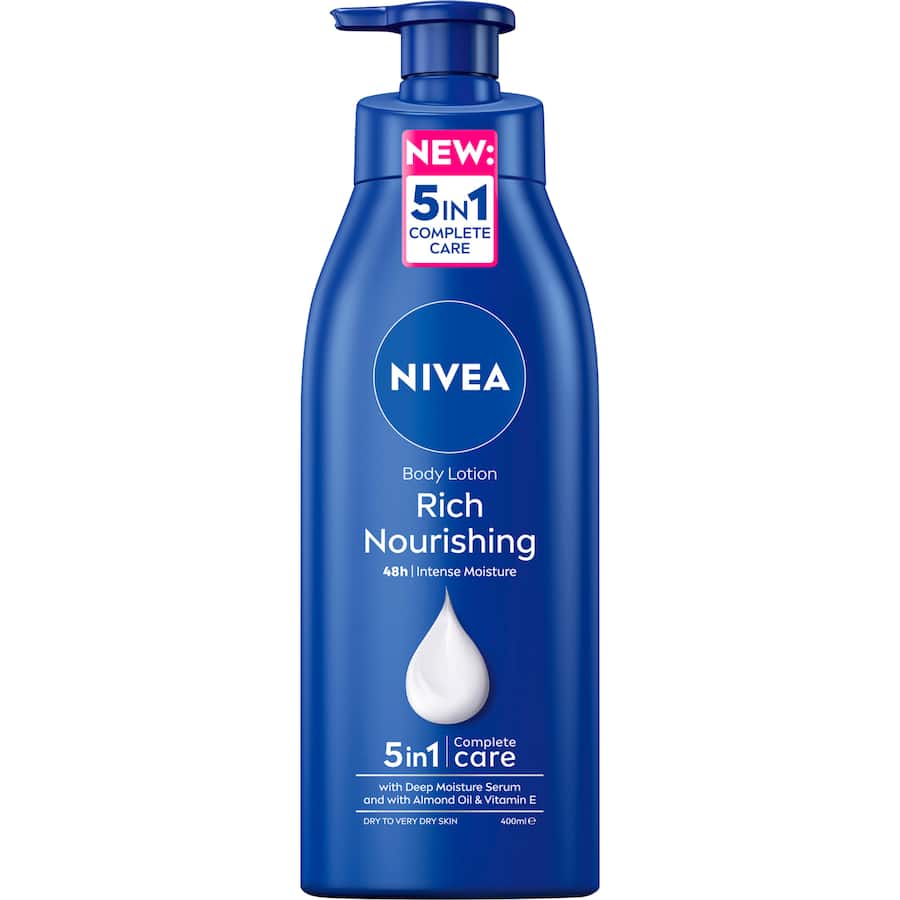 Nivea Body Lotion Rich Nourishing Lotion, infused with Almond Oil and Vitamin E, offers 48 hours of deep moisture and non-greasy care.