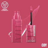 Maybelline Superstay Lip Colour Vinyl Ink in Coy, a long-lasting liquid lipstick with vibrant color and a shine finish.