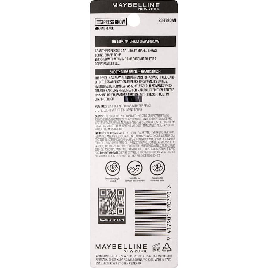 Maybelline Soft Brown Eyebrow Pencil: precise, natural wax formula for realistic brows, includes a grooming brush for seamless blending.