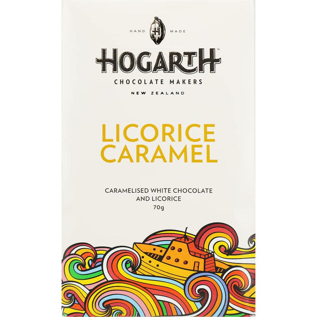 Hogarth Craft Chocolate Block Licorice Caramel featuring creamy caramel and bold black licorice in a gourmet chocolate experience.