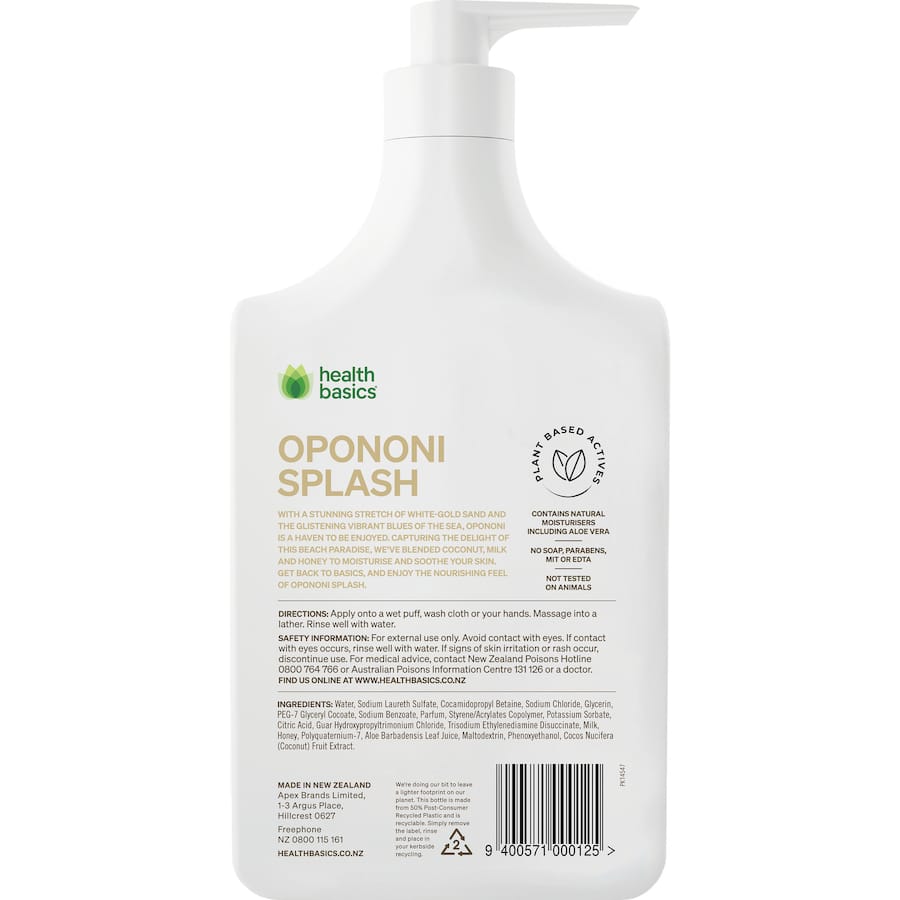 Refreshing Health Basics Body Wash Opononi Splash, infused with a revitalizing fragrance for soft, nourished skin.