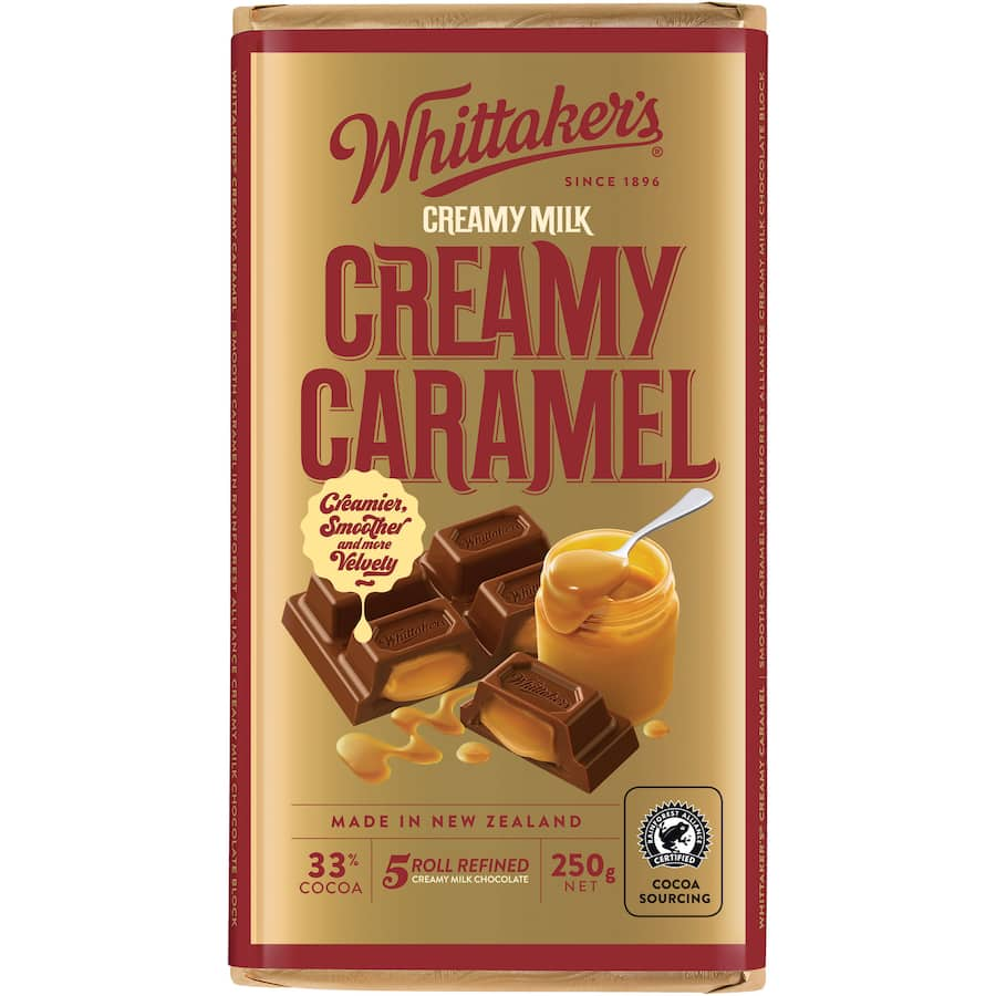 Whittakers Chocolate Creamy Caramel: 250g of smooth milk chocolate with rich caramel, crafted with 33% cocoa for pure indulgence.