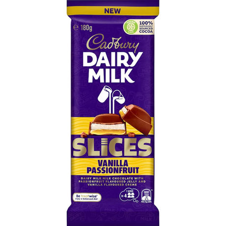 Cadbury Dairy Milk slices with passionfruit jelly and vanilla crème, offering a rich tropical chocolate indulgence.