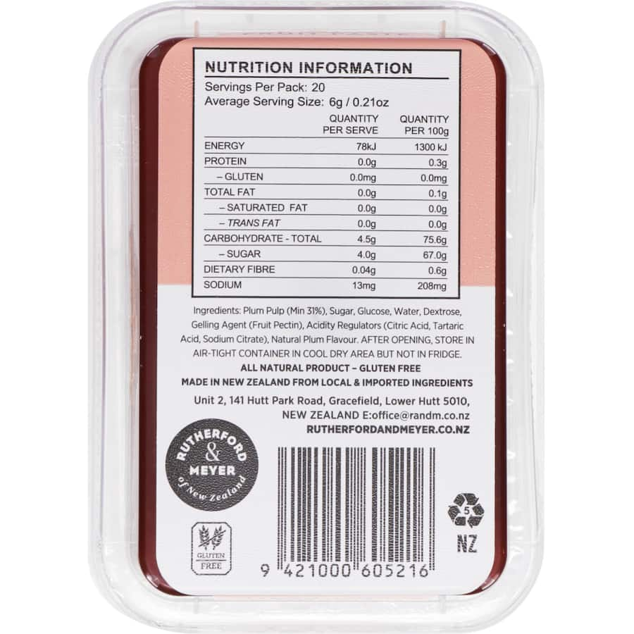 Rutherford & Meyer Fruit Paste Plum, a natural condiment that enhances cheese boards with its sweet and tart plum flavor.