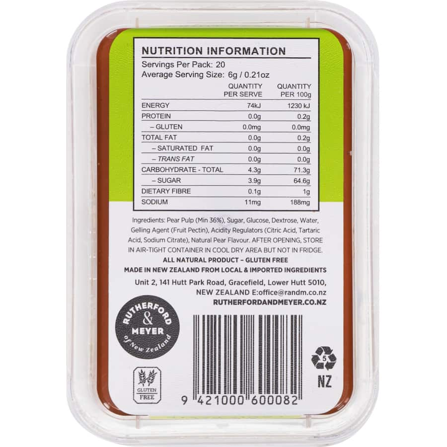 Rutherford & Meyer Fruit Paste Pear, a gourmet spread made with real fruit, ideal for pairing with cheeses and enhancing appetizers.