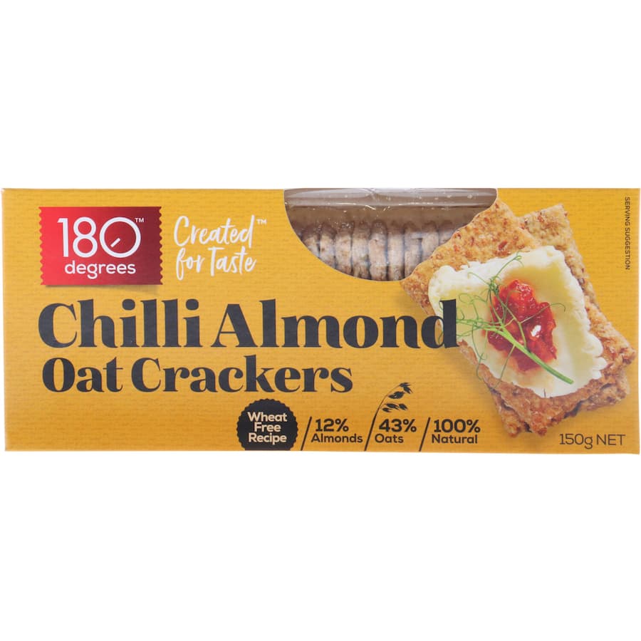 Crunchy chili almond oat crackers made with whole grains, perfect for snacking or pairing with dips and cheeses.