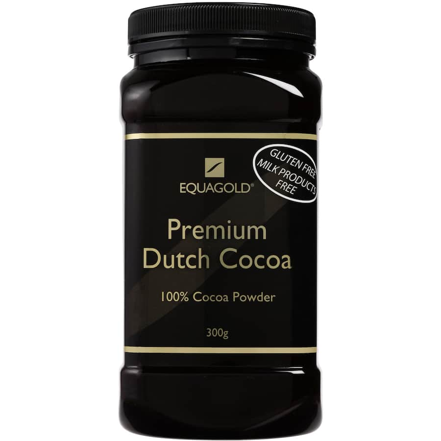 Equagold Dutch Premium Cocoa Powder for baking rich desserts and hot chocolate, made from premium cocoa beans.