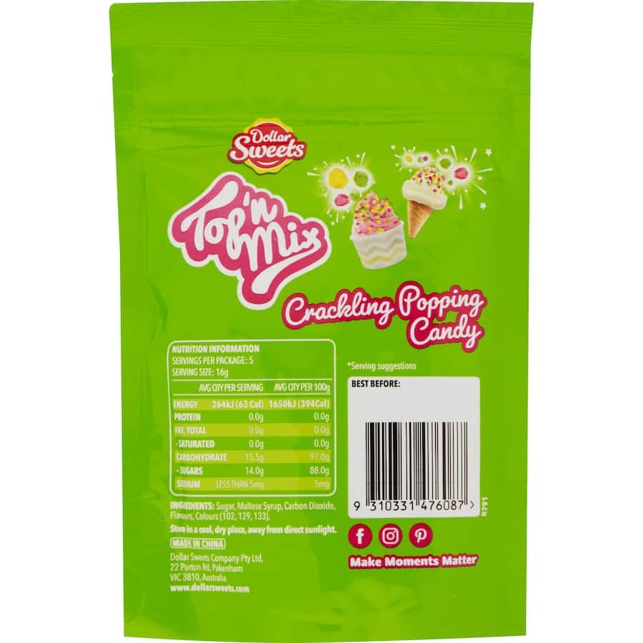 Colorful Dollar Sweets Topping Mix Crackling Popping Candy adds crunch and excitement to desserts and treats.