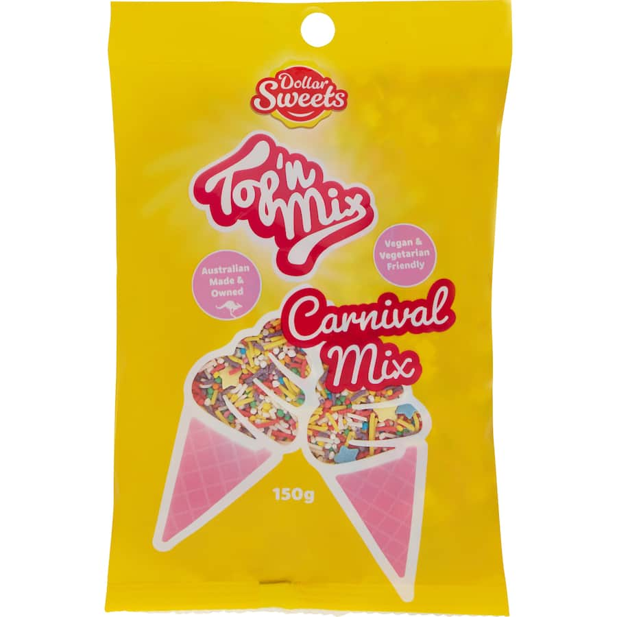 Colorful Dollar Sweets Topping Mix Carnival with sprinkles and star shapes, perfect for enhancing desserts like ice cream and cakes.