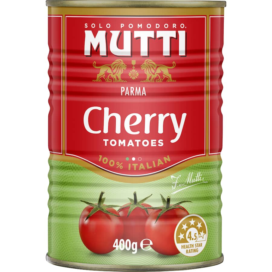 Plump Mutti Cherry Tomatoes in a BPA-free can, perfect for enhancing Italian dishes with vibrant flavor and freshness.