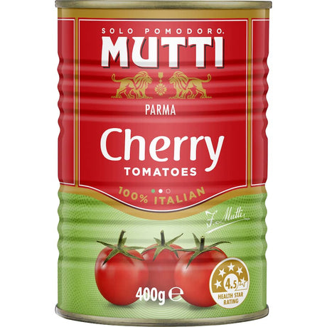 Plump Mutti Cherry Tomatoes in a BPA-free can, perfect for enhancing Italian dishes with vibrant flavor and freshness.