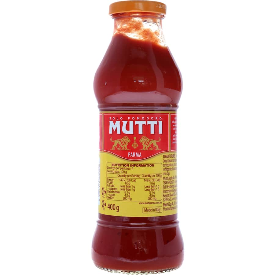 Rich and velvety Mutti Tomato Puree Passata made from sun-kissed tomatoes, perfect for authentic Italian dishes.