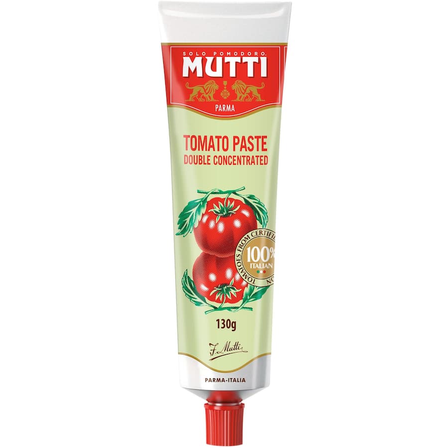 Rich Mutti Tomato Paste Double Concentrate in a 200g tube, made from sun-ripened Italian tomatoes for authentic flavor.