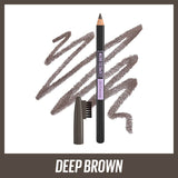 Maybelline Eyebrow Pencil in Deep Brown, featuring a natural wax formula and grooming brush for precise, defined brows.