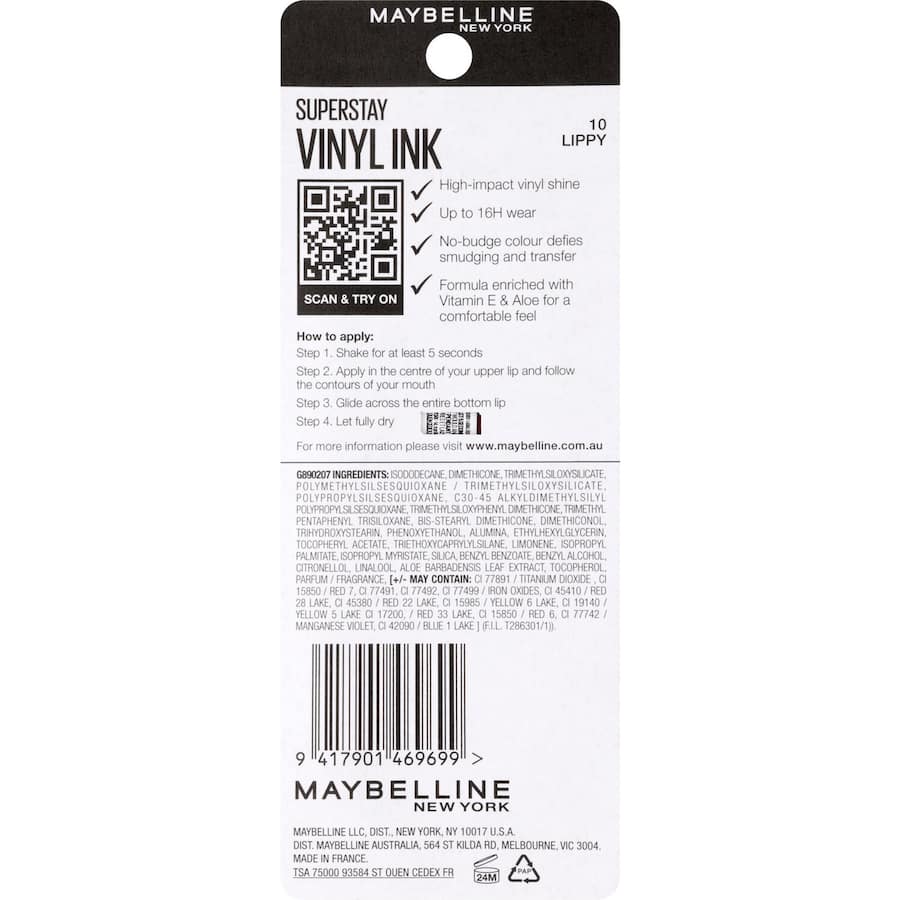 Maybelline Superstay Lip Colour Vinyl Ink Lippy offers 16-hour smudge-proof wear with a shiny vinyl finish in various shades.