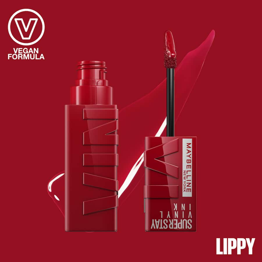 Maybelline Superstay Lip Colour Vinyl Ink Lippy offers 16-hour wear, smudge-proof color, and a shiny vinyl finish in various shades.