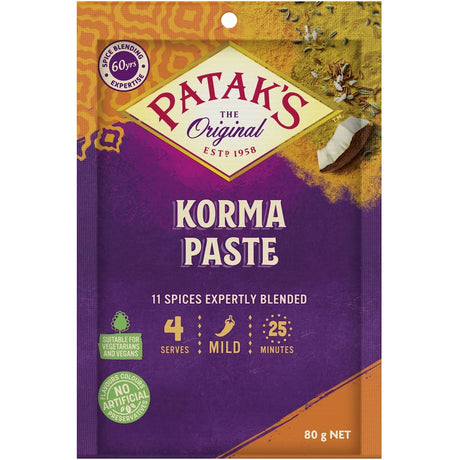 Patak's Korma Curry Paste featuring 10 spices, coconut, and coriander for a mild and creamy vegetarian curry sauce.