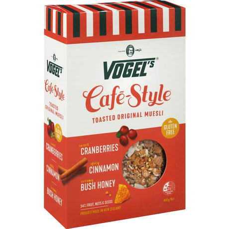 Vogel's gluten-free muesli with crispy flakes, nuts, and fruits, offering a healthy, low-sugar breakfast option.