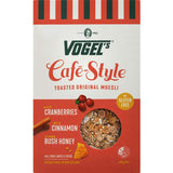 Vogel's Cafe Style Muesli: gluten-free blend of crispy oats, nuts, and fruits, low sugar, high in protein for a nutritious breakfast.