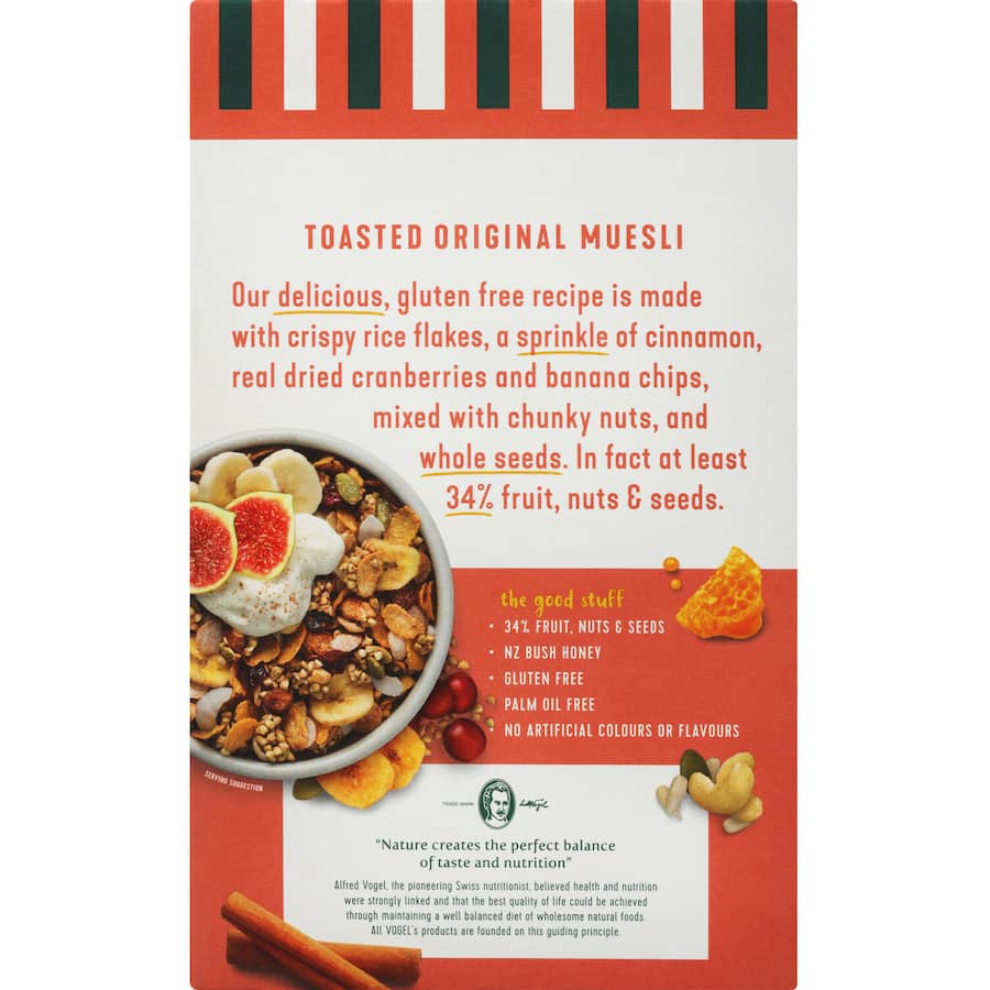 Vogel's gluten-free muesli with fruit, nuts, and low sugar offers a nutritious, crunchy breakfast delight.