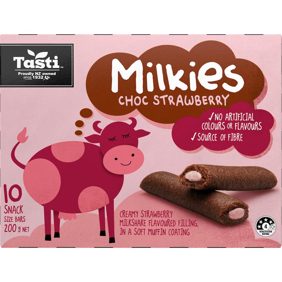 Tasti Milkies Cake Bars with chocolate and strawberry flavors, featuring a creamy filling in a soft, fiber-rich muffin coating.