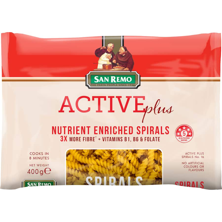 Nutrient-rich San Remo Active Plus Pasta Spirals, high in fiber and protein, perfect for quick, healthy meals.