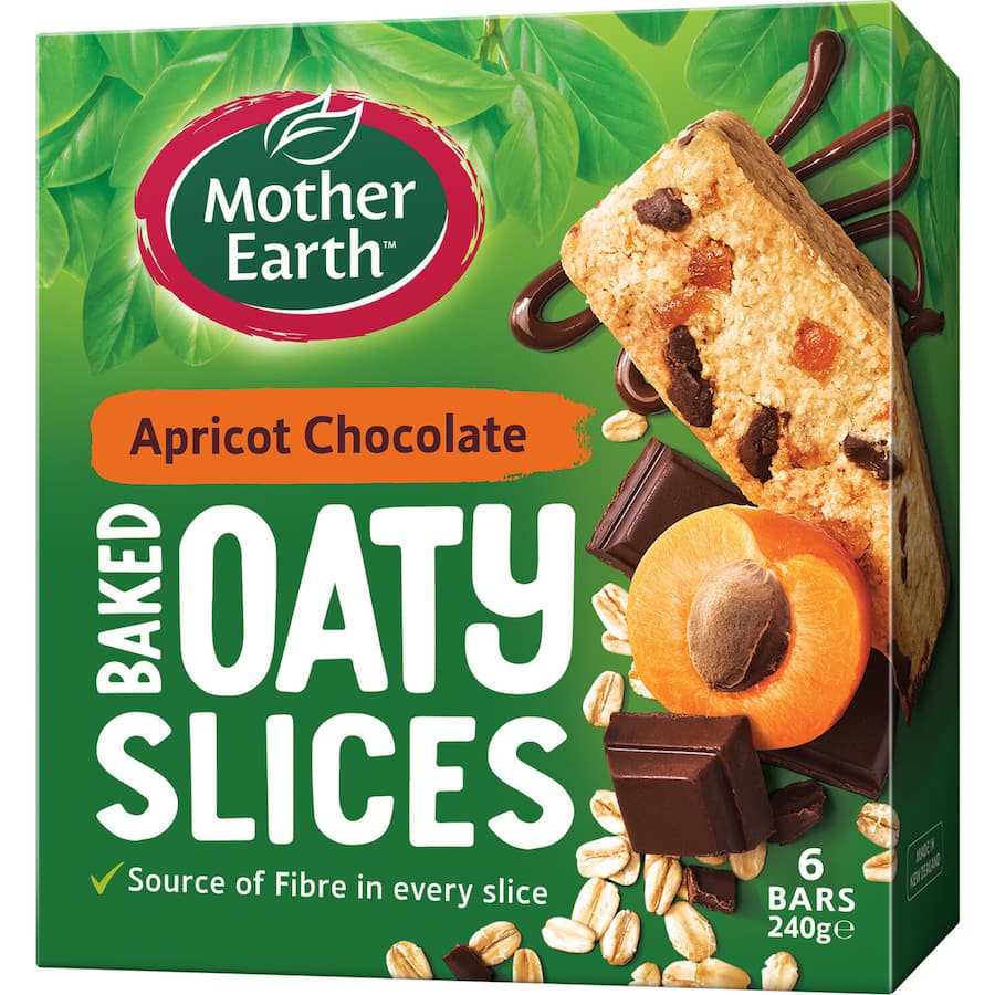 Mother Earth Oaty Slices Apricot Chocolate bars, featuring chewy oats, dried apricots, and rich dark chocolate chunks.